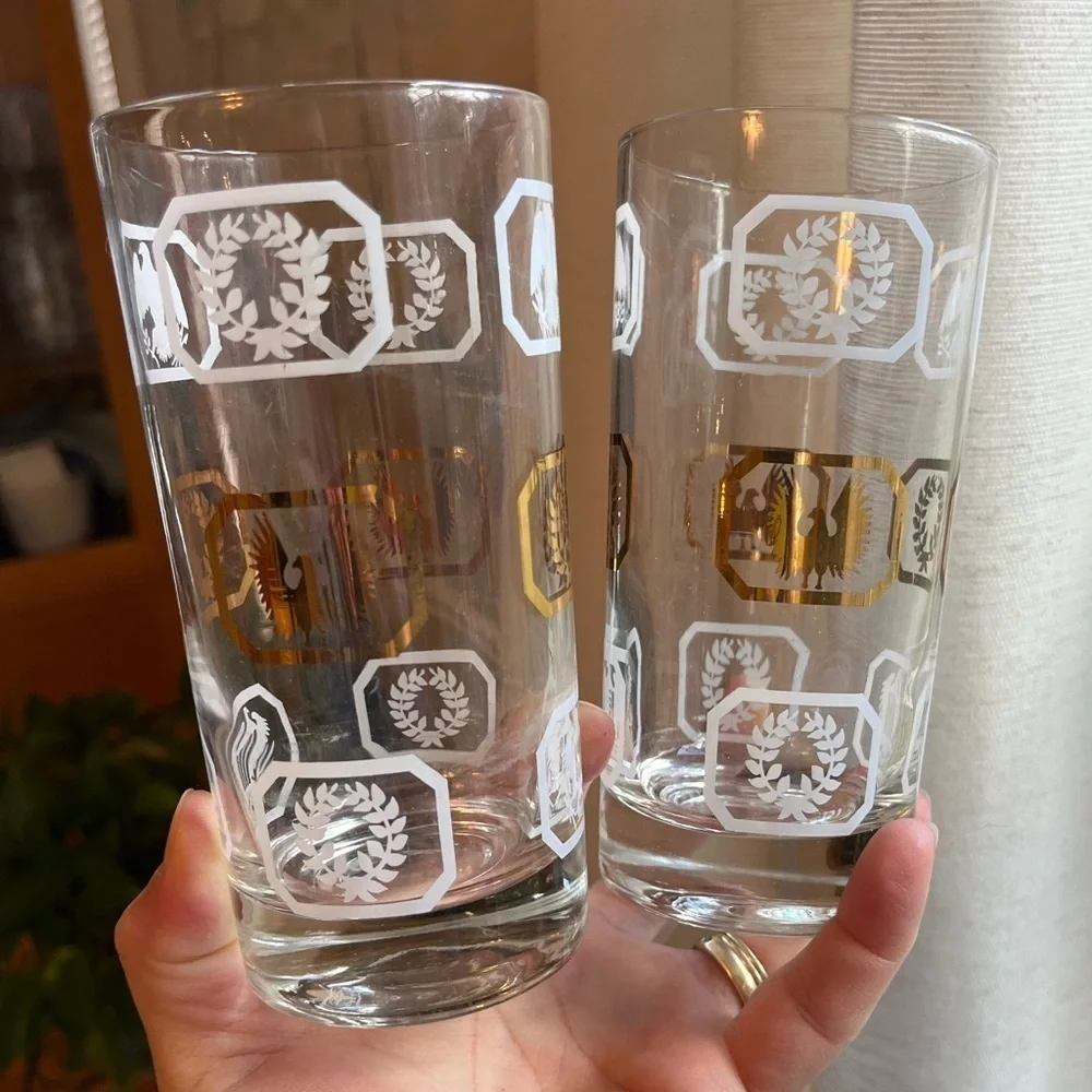 Highball Glasses Set of 2 Vintage Gold & White w/ Eagles Laurel Wreaths